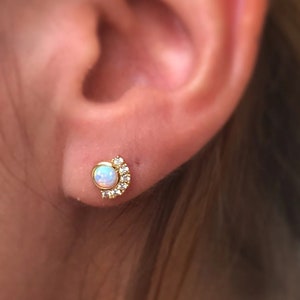 Natural Tiny Opal Studs, 14k Solid Yellow Gold Studded With Genuine Natural Diamond Opal Studs Earring Women Gift For Christmas Celebration