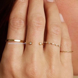 Genuine Real G-H Color Floating Diamond Bead Dot Stackable Ring 14k Solid Yellow Gold Ring Valentine&#39;s Day Stacking Band Gift Her Daily Wear