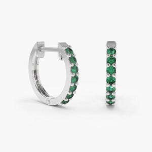 14k Solid Yellow Gold Huggie Hoop Earrings, Genuine Zambia Emerald Gemstone Earrings, Minimalist Delicate Dainty Hoops Cartilage Earrings