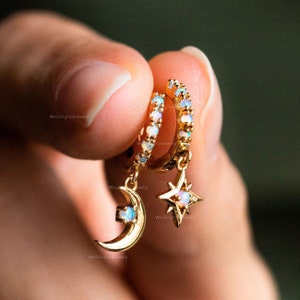 Ethiopian Opal Stone Hoops Dangle Moon Star Earring Handmade Jewelry 14k Solid Yellow Gold Gemstone Earring Gift October Birthstone Earring