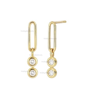 18k Solid Yellow Gold Simple Oval Shape Drop Dangle 2 Diamond Bezel Set Earring Handmade Women Jewelry Personal Gift For Her Christmas Gift