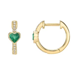 0.50 Ct Heart Emerald Diamond Hoops Earring, Natural Zambian Emerald Dainty Hoops Earring, 14k Solid Gold Earlobe Diamond Emerald Earrings