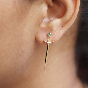 Dangle Sword Earrings, Bohimen Solid Gold Jewlery Dainty Broadsword Earrings, 14k Solid Gold Jewlery Dagger Earring, Emerald Edgy Earrings