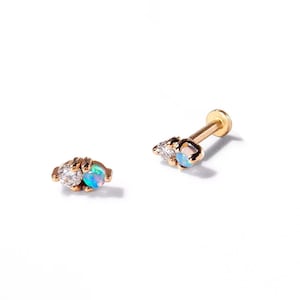 Australian Opal & Natural Diamond Evil Eye Studs Earring, SI Clarity, G-H Color Diamond Helix Earring, Screw Back Piercing Studs Flat Back