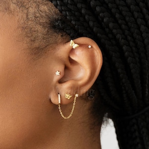 Diamond Chain Earring, Solid 14k Yellow Gold Cartilage, Helix, And Conch Earrings, Minimalist Chain Diamond Earring, Handmade Fine