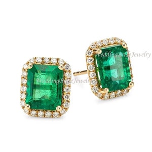 Solitaire Zambian Real Natural Emerald Diamond Pave Halo Stud Earrings, 14K/18K Solid Gold Earrings, Cocktail Earrings, Certified Jewelry
