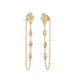 Natural  Diamond Chain Drop Earrings Handmade Jewelry 14k Solid Yellow Gold Large Chain Earring Gift For Women Birthday Special Earring Gift