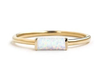 Genuine Large Baguette Shinning Opal Engagement Ring, Delicate Opal Baguette Stone Wedding Gift Ring, 14k Solid Gold Stacking Opal Ring