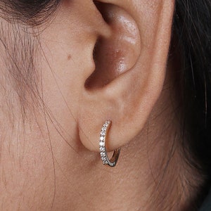 Pave Set Diamond Hoops Earring / 14k Solid Gold Genuine Diamond Hoops Earring / Diamond Huggie Hoops Earrings / Anniversary Gift Hoops