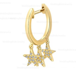 14k Solid Yellow Gold SI Clarity G-H Color Diamond Star Drop Cuff Lever back Genuine Stud Hoop Earrings Minimalist Jewelry Christmas Gift