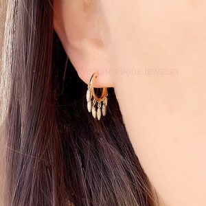14k Solid Yellow Gold Dangle G-H Color Diamond Hoops Earring Minimalist Jewelry Large Handmade Earring Proposal Christmas Gift For Her