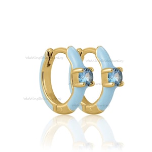 Solid 14k Yellow Gold Huggie Powder Blue Enamel Gold Hoop Earring Natural London Blue Topaz Birthstone Earring Minimalist Jewelry