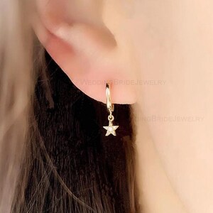 Solid 14K Yellow Star Moon Dangle Hoop Earrings Minimalist Jewelry Dainty Diamond Earring Filled Religious Gold Hoop Earring Christmas Gift