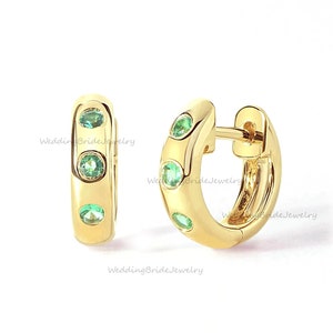 Natural Dark Emerald Gemstone Mini Hoop Earring 14k Solid Yellow Gold Dainty Earring Customize Gemstone Huggie Earring Gift Daily Wear