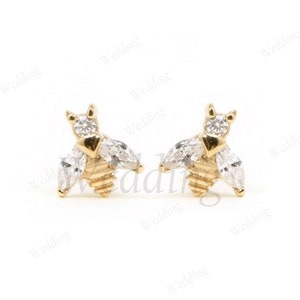Honey Bee Diamond Stud Earrings 14k Gold, Minimal Studs, Solid Gold Bumble Bee Helix Earrings, Jewelry Gift for Grand daughter, Teen Jewelry