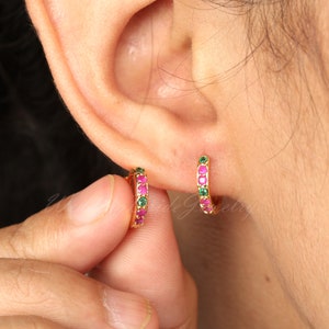 0.12 Ct Natural Emerald-Ruby Gemstone Hoops Earring, Tiny Huggie Helix Earring, 14k Solid Gold Personalized Birthstone Custom Hoops Earrings