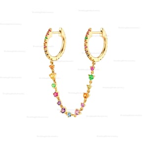 Orecchini pendenti pendenti a due fori con doppio piercing in oro giallo 14k, piccoli orecchini a cerchio per cartilagine ipoallergenici con catena in zaffiro.