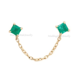 14k Solid Yellow Gold Square Earring Link Chain Earring Minimalist Jewelry Solid Gold Genuine Mines Natural Emerald Dangle Chain Earring