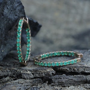 AAA Quality Genuine Emerald Large Inside Out Hoops Earring, Cluster Natural Emerald Hoops Earring, 14k/18k Solid Gold Emerald Hoops Earring