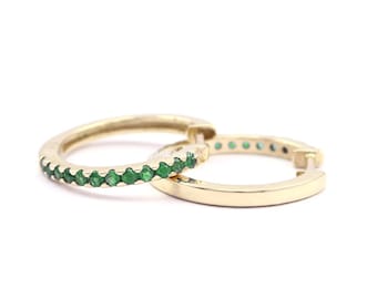 AAA Quality Zambian Natural Emerald Hoops Earring, 10mm/12mm Inner Diameter Huggie Earring, Helix Hoop Dainty Earring 10k/14k/18k Solid Gold
