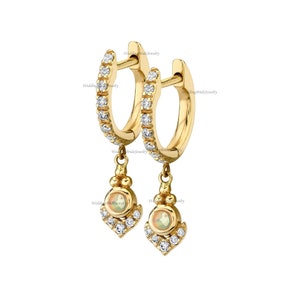 14k Solid Yellow Gold Drop Earring Minimalist Gold Jewelry Solid Genuine Diamond October Birthstone Cluster Bezel Dangle Drop Huggie