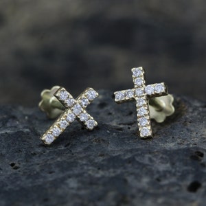 Diamond Cross Studs Earrings, Cluster Diamond Studs, Minimalist Jewlery 14k Solid Gold Tiny Cross Stud Flat Back Earrings Religious Jewelry