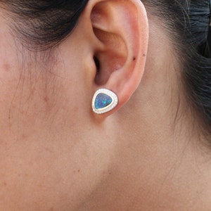 14k Solid White Gold Halo Boulder Australian Opal Studs Genuine Diamond Opal Studs Earring Use (Cartilage, Conch, Tragus, Daith, Earlobe)