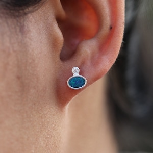 14k Solid White Gold Australian Opal Studs, Genuine Diamond Studs Earring Gift for Women Use (Cartilage, Conch, Tragus, Daith, Earlobe)