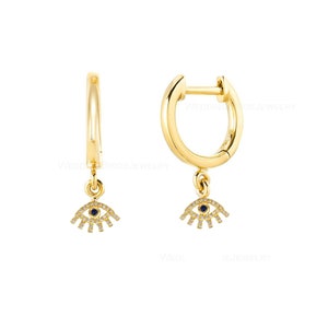 14k massief geelgouden oorbel bungelen boze oog bedel diamant en blauwe saffier bedel boze oog ontwerp oorbel cadeau voor Valentijnsdag