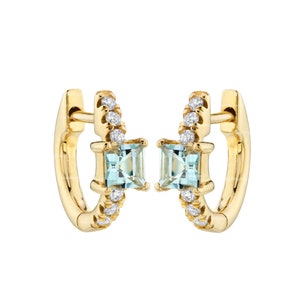 Pendiente de aro minimalista con solitario pavé de princesa con aguamarina natural en oro amarillo macizo de 14 k, joyería navideña con diamantes auténticos.