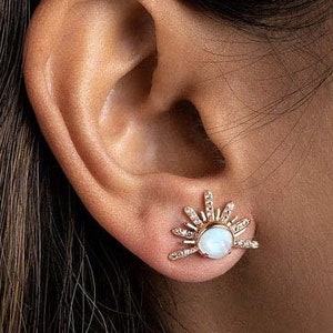 14k Solid Rose Gold Raw Crystal Natural Rainbow Moonstone Studs Handmade Jewelry Earring Natural Diamond Sun Ray Studs Earring Gift for Her