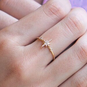 Star Diamond Ring, 14K Solid Gold Natural Dainty North Star Diamond ...