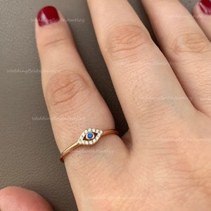 Chic Gold Evil Eye Ring Featuring Genuine Diamond - Thin Stacking Style, Delicate & Minimalist, Holiday Gift