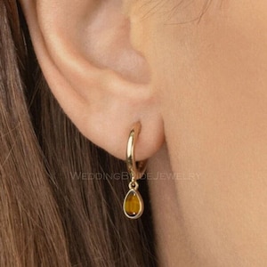 14k Solid Yellow Gold Natural Tiger's Eye Charm Hoop Huggie Minimalist Gold Jewlery Gold Dangle Drop Hoops Earrings Gift Christmas Earring