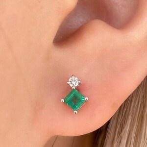 14k Solid Yellow Gold Square Emerald Studs Earring Minimalist Jewelry Tiny Studs Genuine Diamond and Emerald Stacked Studs Earring