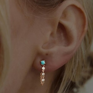 14k/18k Solid Gold Natural Arizona Turquoise Dangle Gold Chain Diamond Earring, Minimalist Wedding Jewelry Teardrop Natural Diamond Earring
