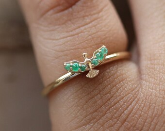 Natürliche grüne Smaragd Adler Vogel Ringe, hochfliegende Adler Vogel Ring, 14k Massivgold Schmuck stapelbare Ringe Minimalist Schmuck Adler
