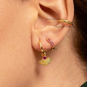 Natural Emerald Gemstone Dangle Hoops Earring 14k Solid Yellow Gold Stylish Hoops Fashion Earrings Everyday Wear Dainty studs earring gift