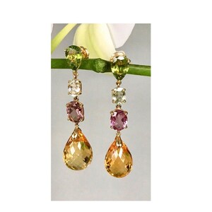 Drop Genuine Natural Birthstone Earring Minimalist Jewelry Solid 14k Yellow Gold Drop Multi Stone, Rainbow Stone Earring Christmas Gift