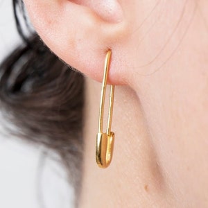10k Solid Gold Sicherheitsnadel Baumeln Ohrring, 28 mm großen Baumeln Sicherheitsnadel Ohrläppchen Ohrring, Minimalist Solid Gold Schmuck Einzigartige Design Ohrring