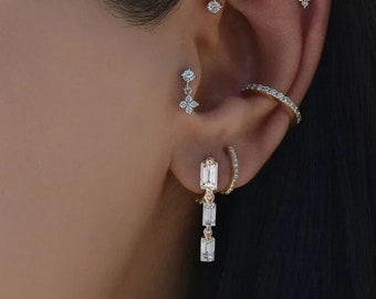 Pendientes colgantes de oro amarillo macizo de 14 quilates, joyería minimalista con moissanita talla esmeralda de 3,02 quilates, regalo de Navidad.