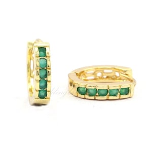 Pave Set Natural Emerald Dainty Hoops Earrings, Minimalist Handmade Jewelry Birthday Gifts Emerald Earrings, Emerald Hoops Earring