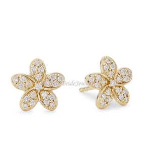 Aretes de oro amarillo de 18 k con diamantes naturales y plumeria de minas genuinas, joyas minimalistas, aretes de oro macizo, aretes minimalistas, aretes navideños
