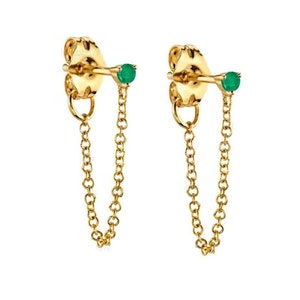 Chain Earring, AAA Quality Natural Zambian Emerald Dainty Studs With Dangle Large Gold Chain Earring, 14k Gold Minimalist Earlobe Earrings