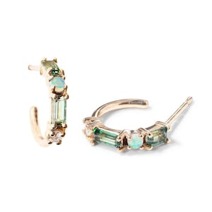 14k Solid Gold Natural Opal & Diamond Hoop Earring, Baguette Tourmaline Open Hoop Earrings, Dainty Hoops Gemstone Studs Hoop, Christmas Gift