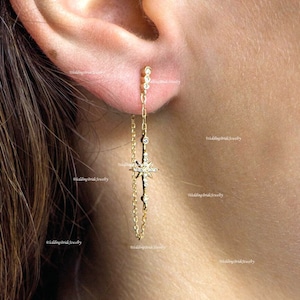 Genune Three Diamond Stud Dangle Chain Link Earring 14k Solid Yellow Gold Minimalist Jewelry Dangle Chain Link Star Diamond Earring Gift Her