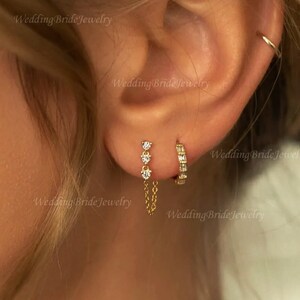 Genuine Diamond Dangle Shining Earrings with Chain Diamond earring with 14k Solid Yellow Gold Diamond Delicate Earring Christmas Gift