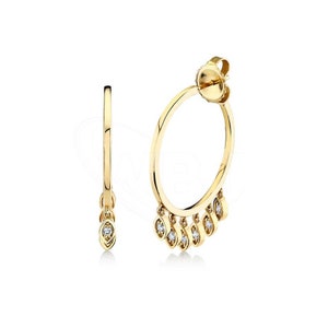 Genuine Natural Diamond Marquis Eye Fringe Hoops Earring Solid 14k Yellow Gold Rain Drop Diamond Earring Gold Jewelry Gift For Her