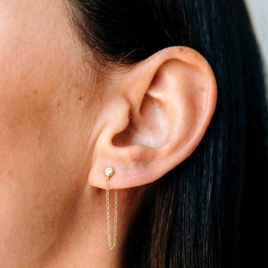 14k Solid Yellow Gold Studded With Natural SI Clarity G-H Color Diamond Studs Dangle Gold Chain Earring Minimalist Solid Gold Jewelry