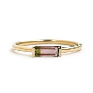 Genuine Large Baguette Natural Watermelon Tourmaline Ring 14k Solid Yellow Gold Wedding Ring Minimalist Jewelry Christmas Gift Jewelry Ring